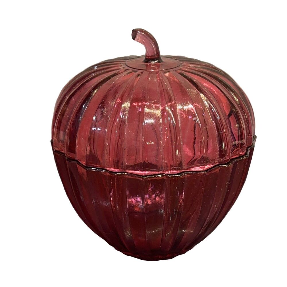 Apple Shaped Candy Dish Red Glass Ribbed Iridescent Empoli Italy Vintage 5.5"